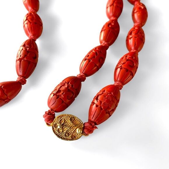 Vintage Chinese Carved Cinnabar Bead Necklace - Picture 4 of 6